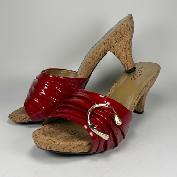 me too Shoes - Me Too Women 9 Persil Red Patent Leather Cork Kitten Heel Mule Sandals y2k retro
